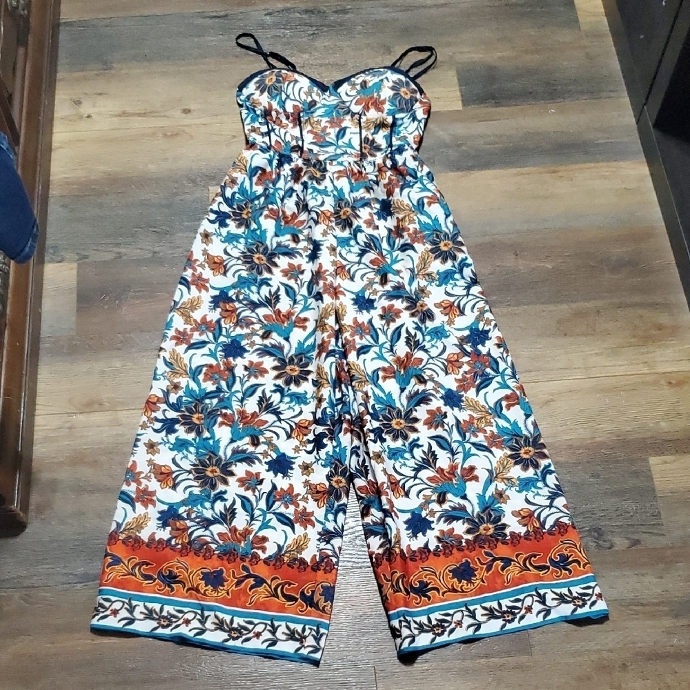 Band of Gypsies Blue and Orange Jumpsuit Vibrant Floral Design